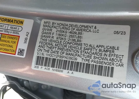 2023 Honda Accord Hybrid Touring from USA, damaged, VIN 1HGCY2F85PA039039
